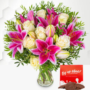 Pink Lilies & Roses Mothers Day Flowers - Buy Mothers Day Flowers 2023 - Mothers Day Flower Delivery - Free Chocs