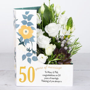 50 Years Of Marriage Celebration Flowercard with White Lisianthus, Berry Jewels, Sprigs of Rosemary and Ornithogalum