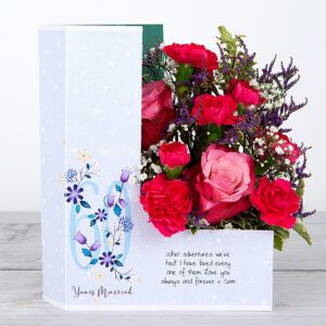 60 Years Married Card with Dutch Roses, Bi-purple Spray Carnations, Limonium and Gypsophila