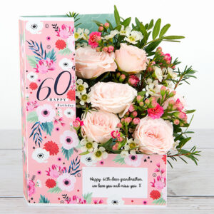 60th Birthday Flowers with Bubbles Spray Roses, Kalanchoe, Waxflower and Pistache