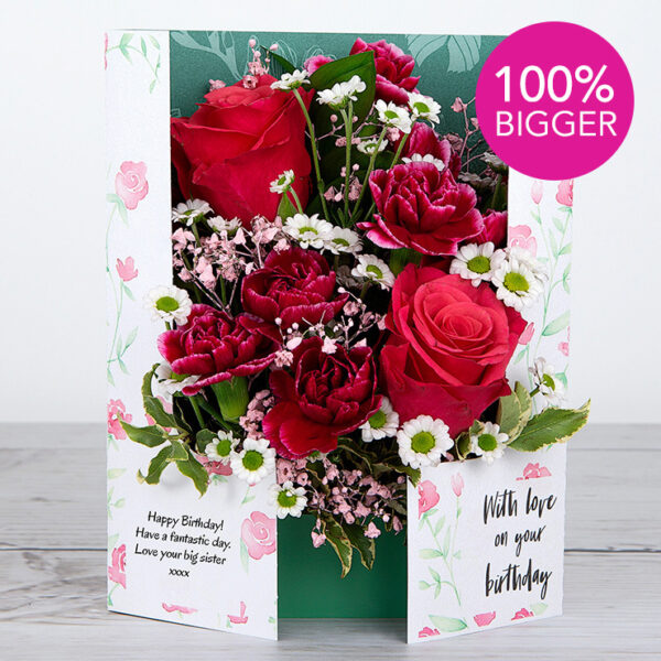 Birthday Flowers with Dutch Fuchsiana Roses, Spray Carnations, Gypsophila, Chrysanthemums and Pittosporum