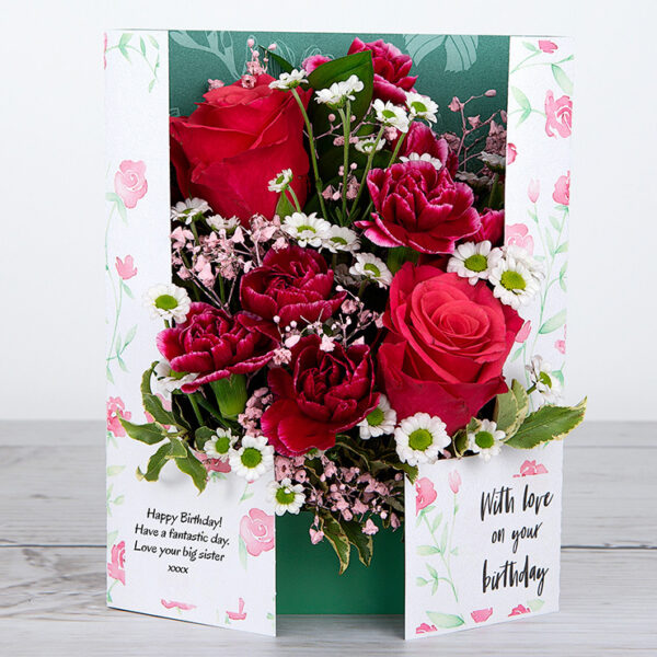 Birthday Flowers with Dutch Fuchsiana Roses, White Santini, Pink Gypsophila, Spray Carnations and Pittosporum
