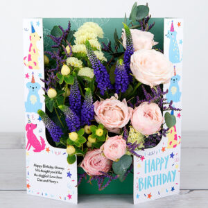 Birthday Flowers with Lilac Spray Roses, Veronicas, Hypericum, Limonium and Eucalyptus