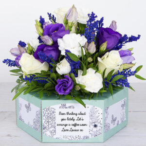 Flowerbox with White Roses, Purple Lisianthus, Spray Carnations and Jewels of Pistache