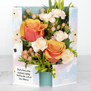 Flowercard with Downtown Roses, Spray Carnations, Hypericum Berries and Fresh Eucalyptus