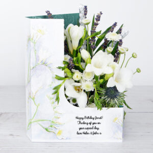 Flowercard with White Freesias, Chrysanthemums, White Santini, Sprigs of Lavender and Silver Wheat