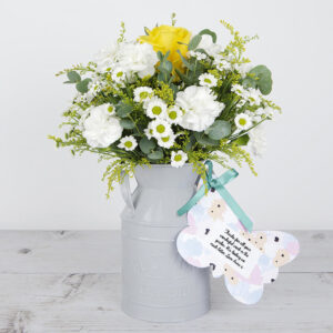 Flowerchurn with Yellow Roses, Solidago, Chrysanthemums, Carnations and Eucalyptus