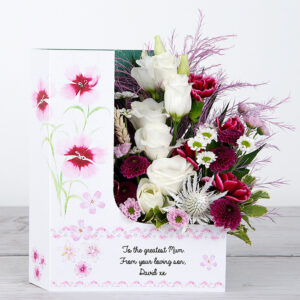 Mother's Day Flowers with Spray Carnations, Santini, Lisianthus, Pink Tree Fern, Pittosporum and Chico Leaf