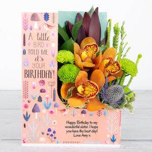 Personalised Birthday Flowercard with Orchids, Green Santini, Pittosporum and Ruscus Leaves