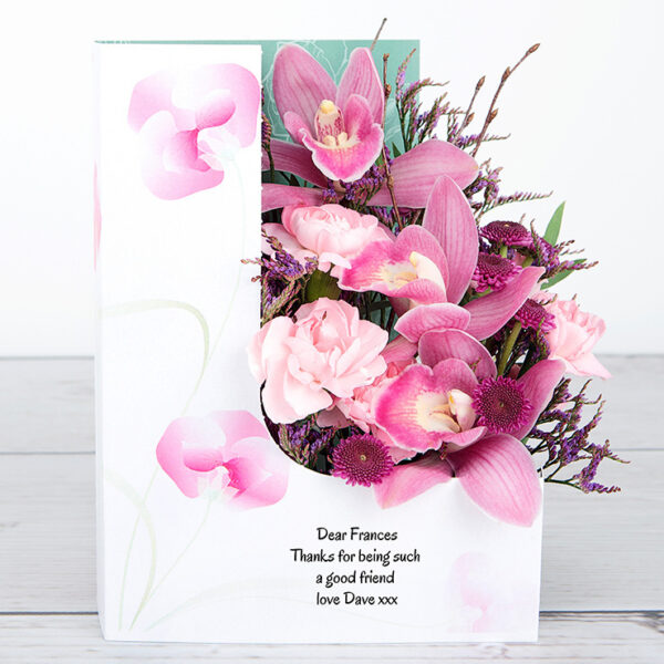 Pink Orchids, Carnations and Lilac Willow Flowercard